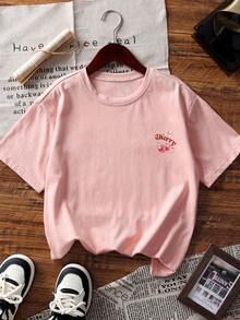 1pc Cherry Print Short Sleeve T-Shirt For Tween Girls, Student & Young Casual Summer Top - Pink - View 6