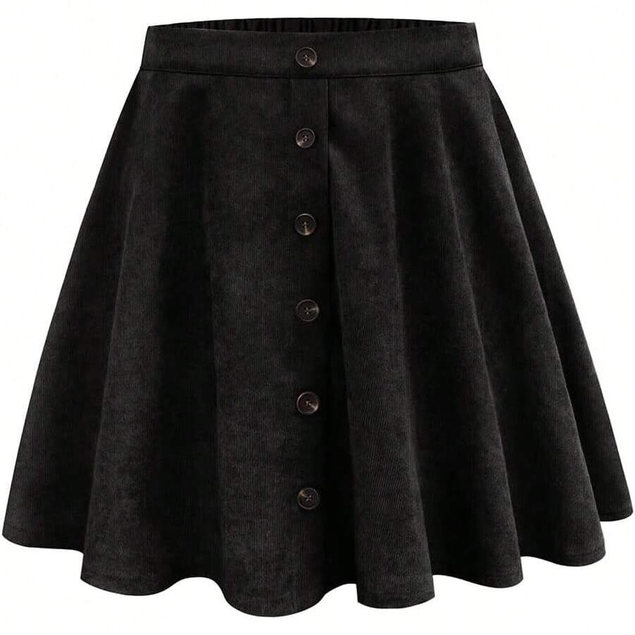 Plus Size Basic Versatile Stretchy Elastic Waist Flared Casual Mini Skater Skirt/Pleated Plaid Skirt For Women XL-5XL - 01-純黑色 - 查看 1