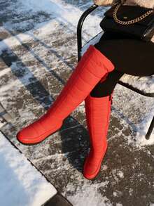 Platform Wedges Boots For Women Thigh High Outdoor Waterproof Boots Snow Over The Knee Boots Winter Warm Lined Fur Boots With Side Zipper Bow Wedges Heel Shoes - 紅色 - 查看 1