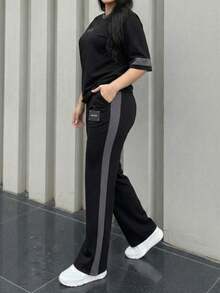 2pcs Women's Spring/Autumn Round Neck Short Sleeve T-Shirt And Elastic Waist Loose Pants Set, Casual Daily Wear - Black - View 4