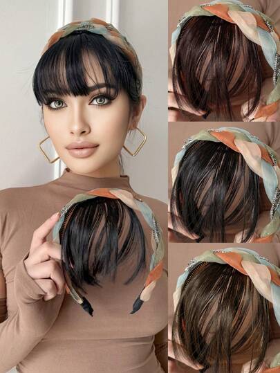 15 cm färgat flätat pannband + naturlig lugg, snygg, rak peruk i ett stycke för moderiktigt dagligt bruk för kvinnor (fyra hårfärger tillgängliga)