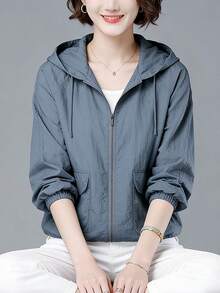 Abrigo convencional para mujeres Chaqueta ligera de manga larga con capucha, color liso, corta y con protección solar, con bolsillos. Ropa deportiva informal para exteriores para primavera, otoño y verano. Prendas de abrigo para mujer. - Gris - Ver 9