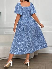 Pretty and Ole Robe d'été boho pour femme avec col carré boutonné, imprimé floral délicat, grande taille - Bleu azur - Voir 4