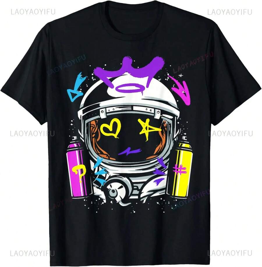 2026 Camiseta de Astronauta de Graffiti con Pintura en Aerosol Arte Callejero Dibujo Artista Personalizable Individualidad Camiseta Personalizada Camiseta Hombre - Negro - Ver 1