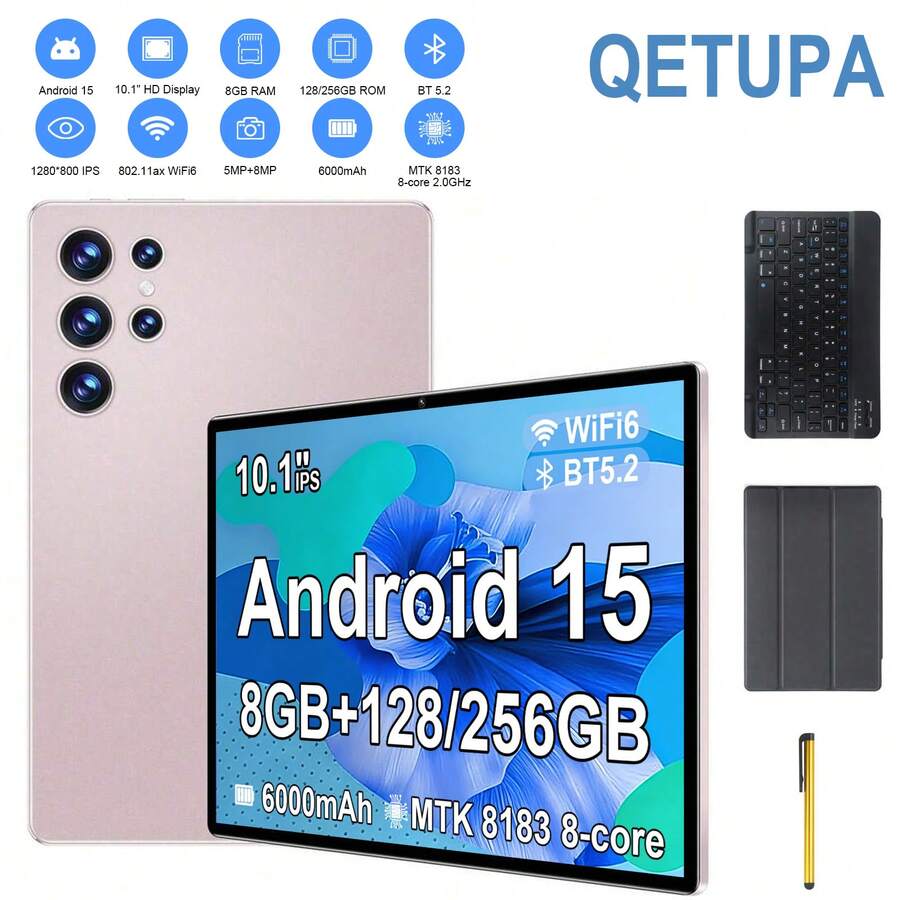 Qetupa Android 15 平板电脑，10.1 英寸平板电脑，配备保护套、键盘和手写笔，搭载 MTK8183 八核 2.0 GHz 处理器，8GB 运行内存 + 128GB/256GB 机身存储（支持最高 1TB SD 卡扩展），1280*800 高清 IPS 触控屏，500 万像素前置摄像头 + 800 万像素后置摄像头，6000mAh 电池，支持 802.11ax Wi-Fi 6、蓝牙 5.2、GPS 和 Type-C 充电接口。 - 玫瑰金 - 查看 1