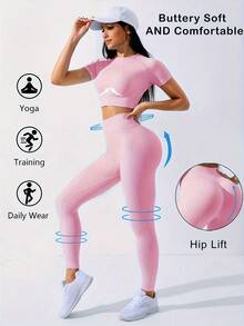 Workout Sets Outfits For Women – Yoga Leggings With Short Sleeve Crop Top, Slim Fit Tummy Control Butt Lifting Waist Shaping, Seamless Ribbed Texture, Breathable Soft Fabric, Non-Pilling, Perfect For Fall Winter Gym Yoga Running Fitness - 粉色 - 查看 9