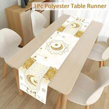 1pc Polyester Table Runner - White & Gold Moon-Star Pattern, Perfect For Ramadan Festival Dining Tables, Family Gatherings, Party Settings & Holiday Celebration - Multicolor - View 9