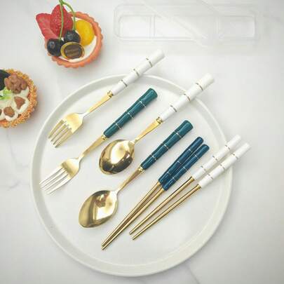 4/3pcs Bamboo Knot Ceramic Handle Fork Spoon Chopsticks, Portable Cutlery Set, Durable Tableware Combination Suitable For Restaurant, Home, Camping, Travel, Office, School, Outdoor