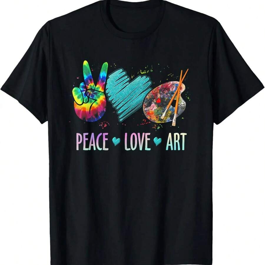 Peace Love Art Painting Palette Art Teacher T-Shirt Custom Printed Graphic T Shirts Customizable Kaw - màu đen - Xem 1