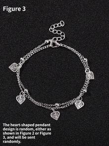 Modischer und eleganter bohemian-Stil Doppelschicht Perlen Fußkette, mit Cut Out Herz Design, geeignet für den täglichen Gebrauch, Urlaub, auch als Valentinstag oder Geburtstagsgeschenk. (Das Muster auf dem herzförmigen Anhänger ist zufällig.) (Die Anzahl der Perlen an der Fußkette ist nicht fest) - Silber - Übersicht 3