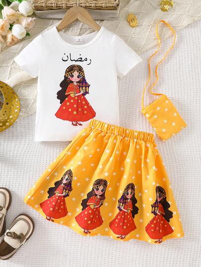 3pcs/Set Girls' Ramadan Themed Outfit: Cartoon Princess Print Short Sleeve Top + Star Skirt + Crossbody Bag, Children's Festival Style