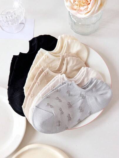 5 Pairs Women's Bow Textured Pattern Ankle Socks, Boat Socks, Invisible Socks, Comfortable Breathable Casual Street Style Design, Suitable For Spring/Summer, Suitable For Daily And Holiday Wear