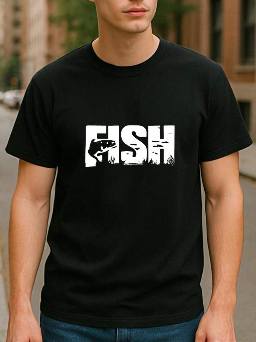 Impresión de Entusiasta de la Pesca, Nuevas Llegadas en Primavera, Camiseta Casual de Manga Corta, Ligera de Cuello Redondo de Manga Corta - Negro - Ver 1