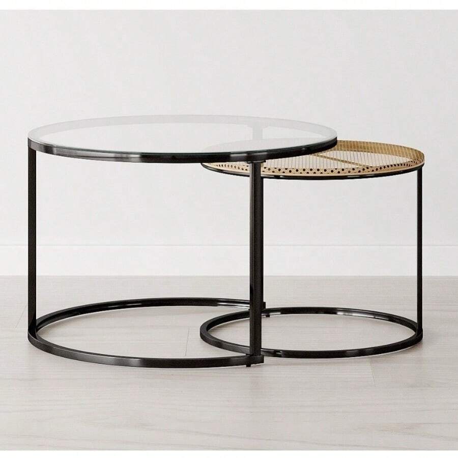 Et Of 2 Nesting Round End Side Coffee Tables With Glass And Rattan Top - Black - View 1