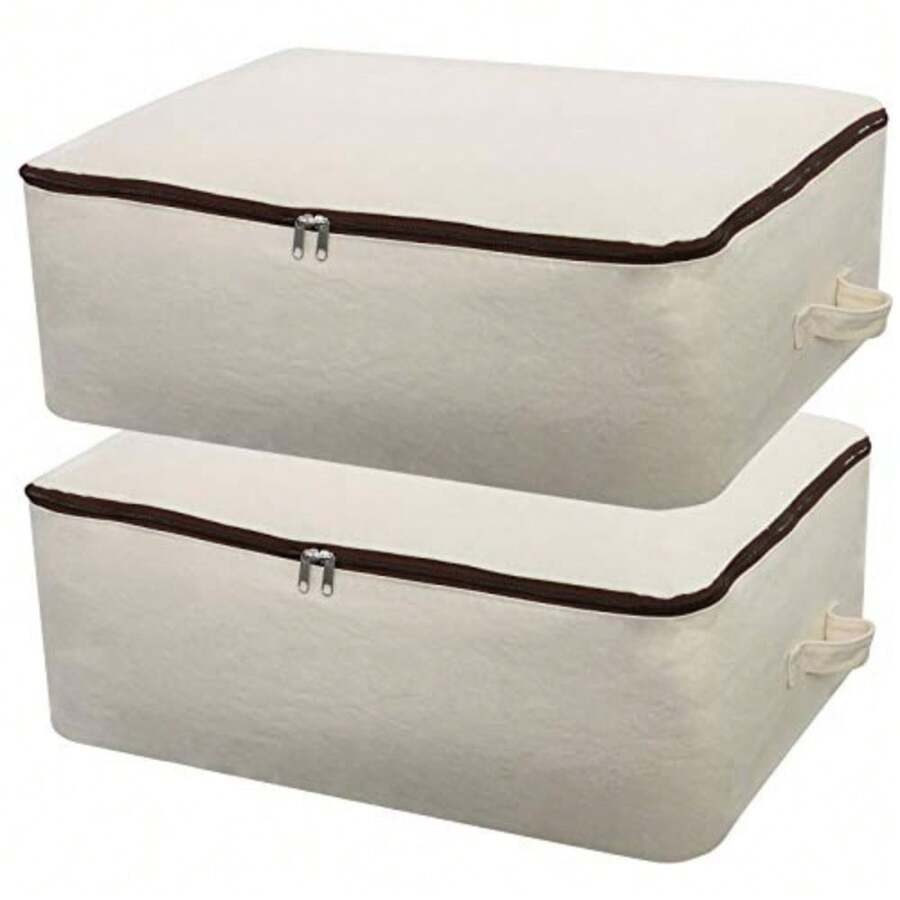 2PCS Canvas Storage Bag 12OZ Thick Soft Breathable Closet Organizer For Beddings Comforters Pillows Blankets Clothes 25.6*18.5*8.7inch Beige - Beige - View 1