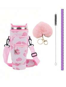 1pc/4pcs With Pink Heart-Shaped Plush Hanging Cup Accessory Set, Portable Adjustable Shoulder Strap, Suitable For Sports And Outdoor Gift Giving - Multicolor - View 17