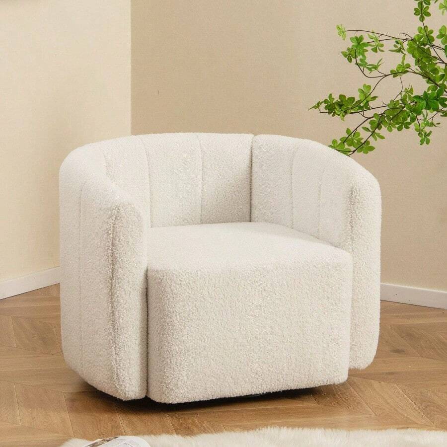 Upholstered Swivel Barrel Chair With Backrest And Armrests - White - View 1