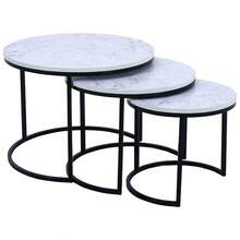 Modern Minimalist 3-Piece Nesting Side Table Set, Sofa Side Table, Living Room Center Coffee Table, Hotel Lobby Display Table, Reception Table, Multi-Purpose Storage Rack. White Marble-Patterned Wood Tabletop, Black Metal Frame, Can Be Stacked Or Placed Separately. - White Marbling - View 8