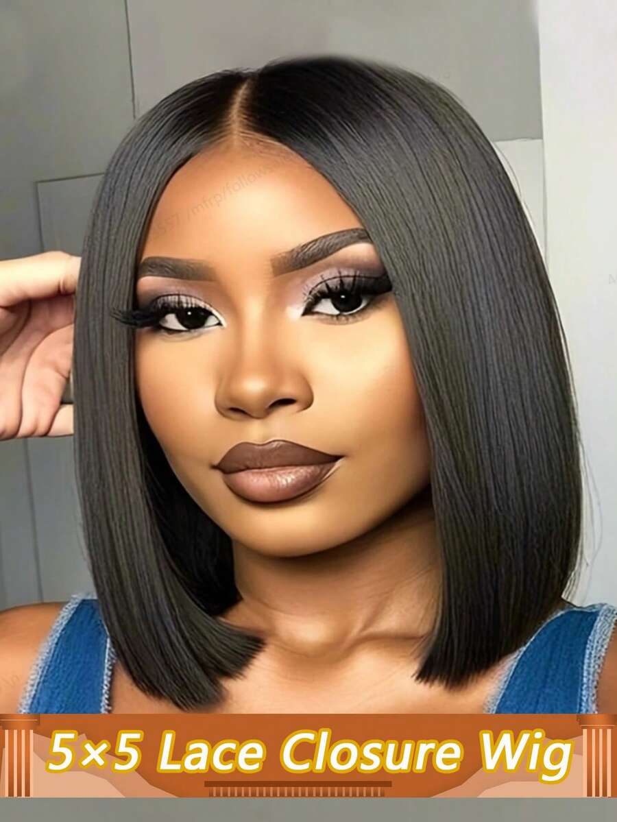 5x5蕾丝闭合假发，巴西直发波波头蕾丝假发，直发真人发假发，带刘海，中分波波头蕾丝假发，180%密度，女士款