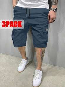 3-Pack Men's Cargo Shorts | Multi-Pocket Drawstring Casual Shorts | 100% Polyester | Outdoor Sports Shorts | Men's Summer Fashion Versatile Casual Shorts - Blue + Gray + Black - View 7