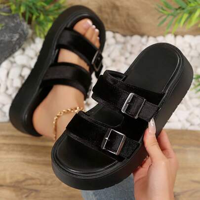 女士厚底双扣拖鞋，夏季户外穿着，新款设计，厚底，百搭，沙滩鞋，娇小身材增高款