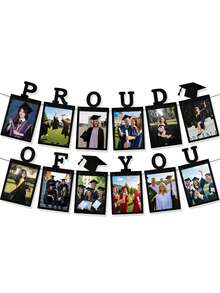 12 Pcs "So Proud Of You" Graduation Photo Banner, Congrats Grad Banner 2026, Black, Gold, 9.84ft/3m, Rectangular, Lighted, Wall Mount, Cardstock, Indoor, Graduation Occasion, Party Banner