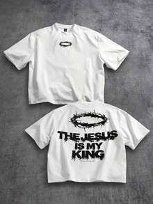2026Manfinity  Boxy Cropped Loose Distressed Thorn Wreath "JESUS IS MY KING" Graphic White Short Sleeve T-Shirt (High Quality)Loose And Comfortable,Casual And Easy-Goin,High-Quality Wax Printed Cotton Retro FashionBrand T-Shirt, Men's T-Shirt, Beach Must-Have, Men's Summer T-Shirt, Holiday Gift, - 彩色 - 查看 6