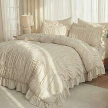 Ruffle Duvet Cover Set,Ruched Boho Bedding 3 Pieces Shabby Chic Luxury Wrinkle Ruffle Comforter Cover Set With 1 Duvet Cover Set,2 Pillowcases,Breathable And Soft Microfiber Quilt Cover Set For All Seasons - Màu be - Xem 8