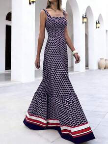 新款春夏休闲优雅度假女士长裙：藏蓝色鱼鳞印花，吊带方领A字廓形，适合度假/轻度晚宴/聚会