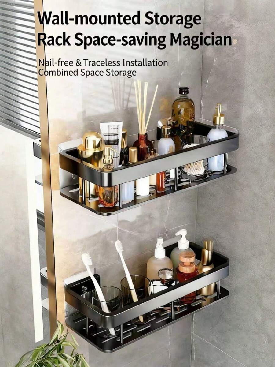 1pc Reinforced Thick Plastic Bathroom Shelf, Wall-Mounted Bathroom Storage Rack - Multicolor - View 1