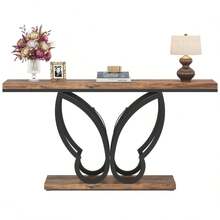 LITTLE TREE Mesa consola (140 cm), mesa de entrada con estructura de metal en forma de mariposa, mesa de madera larga y estrecha para el rincón detrás del sofá en el salón/pasillo. - Marrón - Ver 8