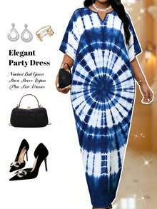 女士V领印花休闲宽松连衣裙，适合斋月、毕业季、返校派对、约会和日常穿着等各种场合。 - 淺藍色 - 查看 1