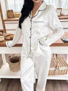 Milk White Leopard Jacquard Women Long Sleeve Pajama Set - White - View 6