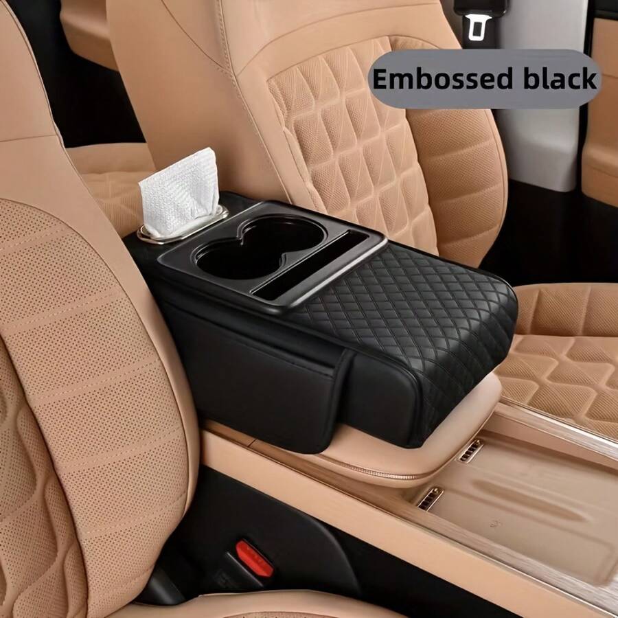 Universal Car Armrest Box Protector Imitation Leather Center Console With 2 Side Pockets + 2 Cup Holders + Tissue Multi-Functional Storage Space Phone/Bottle/Card Compatible With Most Car Models Car Accessories Women's Car Accessories Car Interior Accessories - 隨機款式+抽紙 - 查看 1