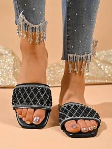 1 par gyllene pärlfärgade platta sandaler för lediga dagar på stranden - Svart - Visa 4