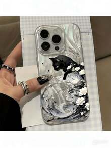 1个羽毛贝壳极简主义IMD花卉油画黑猫图案手机壳，可个性化定制，兼容 16 Pro Max、15/14 Plus、13、12、11，保护套 - 彩色 - 查看 1