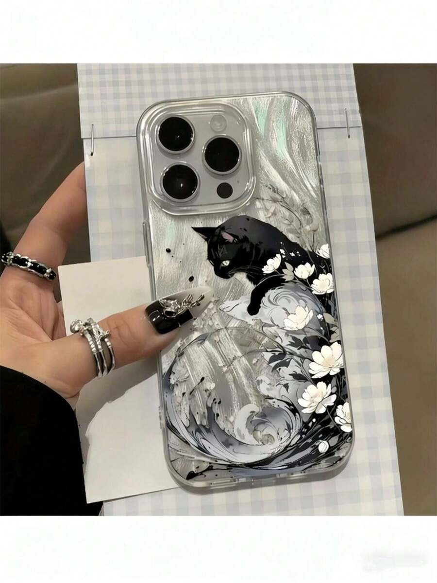 1个羽毛贝壳极简主义IMD花卉油画黑猫图案手机壳，可个性化定制，兼容 16 Pro Max、15/14 Plus、13、12、11，保护套 - 彩色 - 查看 1