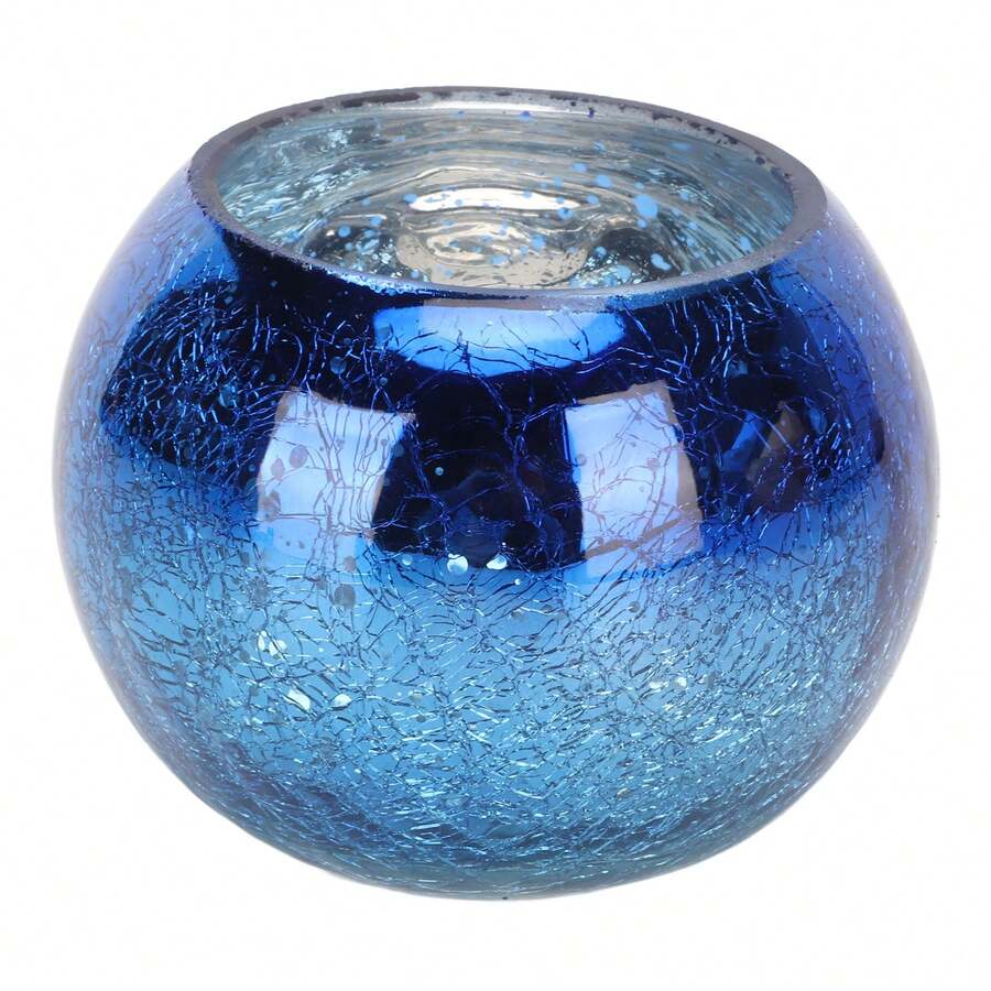 Spherical Candle Holder In Blue Gradient Crackled Glass - Iridescent Electroplated Spherical Candle Vase For Table Decoration And Centerpieces