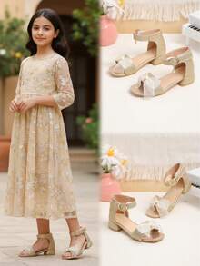 1 Pair Gold Plus Size Girls' Thick Sole Sandals, Shiny Leather Upper With Mesh, Bow Decor, Classic Strap Hoop And Loop Closure, Shiny Pendant Accent, Square Toe, Non-Slip Thick Bottom, Cute Beach Sandals Suitable For 3-15 Years Old Girls, Daily, Casual, Beach, Holiday, Party, Spring/Summer - Gold - View 2