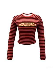 Lässiger Streetstyle gelb-schwarzes gestreiftes Buchstaben-Muster Figurbetontes Crew-Neck T-Shirt, geeignet für Musikfestivals, Abschlussfeiern, Schulanfang, Outdoor-Ausflüge, Brunch, Partys - Kurzes gestreiftes Bauchfrei-Top, Frühling bis Sommer - Rot - Übersicht 7