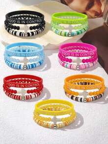 ZIRUISP 3pcs Cross Pendant Bracelet Set, God's Hand Control Silicone Bracelet, Glow-In-The-Dark Bracelet, Polymer Clay Bracelet, Glow-In-The-Dark Boho Y2K Style Jewelry, Christian Faith Prayer Gift For Boyfriend, Girlfriend, Best Friend - Three-piece Glow-in-the-dark Bracelet Set - View 3