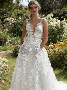 Vestido de Novia de Encaje Floral con Escote en V Profundo, Bolsillos y Cola - Blanco - Ver 3