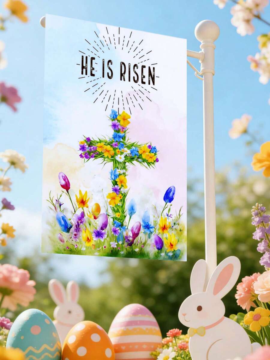 1 Piece/Easter Garden Flag, Cross Flower And Wildflower Pattern Decorated Flag, 'HE IS RISEN' Outdoor Garden Flag, Suitable For Outdoor Courtyard, Porch, Seasonal Decoration, Spring Garden Flag [Flag Only] - Multicolor - View 1