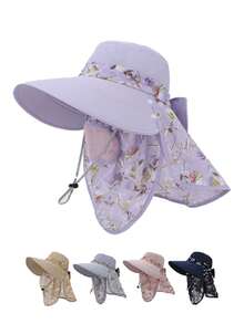 1pc Women's All Season Sun Protection Wide Brim Hat, Detachable Face Mask, Outdoor Gardening Neck Cover Sunhat