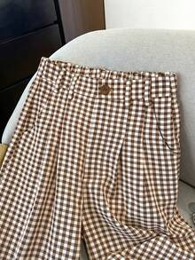 Straight Leg Pants, Plaid Print Elastic Waist Pocket Casual Pants For Office, Business, Vacation, Daily Wear, School, Travel, New Style Spring - Brown - View 3