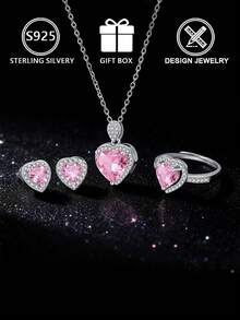 925纯银情人节粉色锆石首饰三件套：项链、戒指、耳环、礼盒，女士情人节礼物 - 銀色 - 查看 5