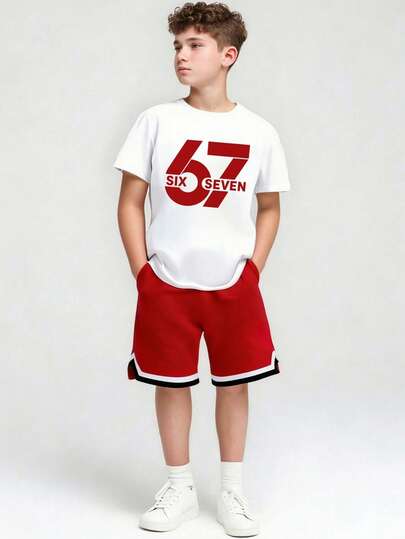 青少年男童数字印花圆领短袖T恤和短裤