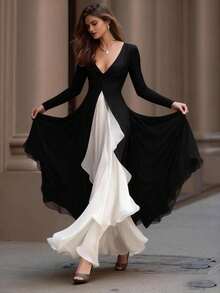 Vestido de mujer estilo occidental nuevo, manga larga de cuello V, ajustado y cintura ceñida, falda amplia de combinación de blanco y negro estilo francés - Blanco y Negro - Ver 2