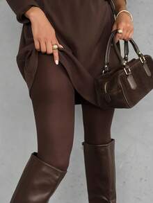 1 Pair Women's Chocolate Brown Fleece Tights, Elastic Slim Fit Soft Fleece Stirrup Leggings For Spring & Autumn