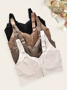 4-Piece Plus Size Bra, Seamless Breathable Wireless Sports Bra For Women - Full Coverage Design, Anti-Slip Material, With Lifting And Support Functions, Comfortable To Wear, Ribbed Details, Made Of Nylon And Elastic Fiber Blend, Hand Wash. Elegant Solid Color Design.Plus Size Lingerie - 彩色 - 查看 8